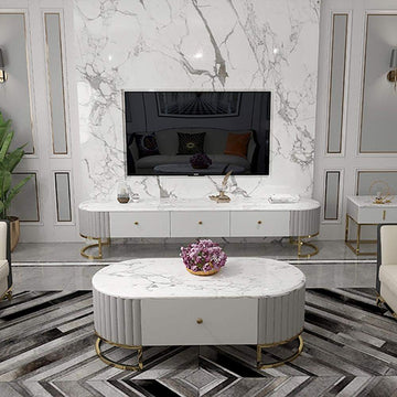 Modern White Marble Coffee Table & TV Stand Set Media Console Set of 2-Richsoul-Furniture,Living Room Furniture,Living Room Sets